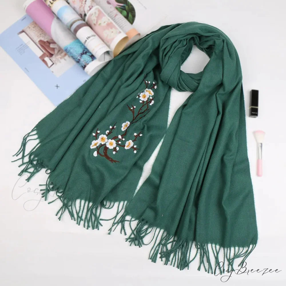 Cashmere Winter Flower Pashmina Shawl with Tassels GREEN
