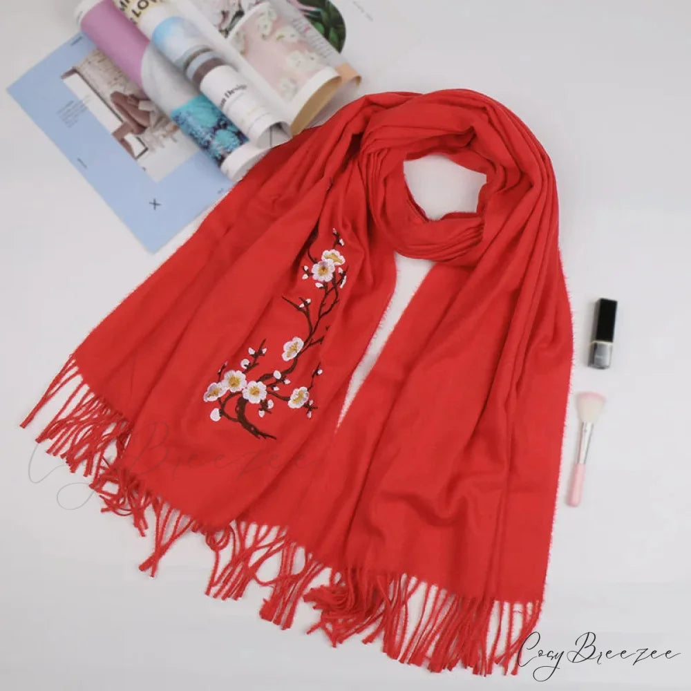 Cashmere Winter Flower Pashmina Shawl with Tassels RED
