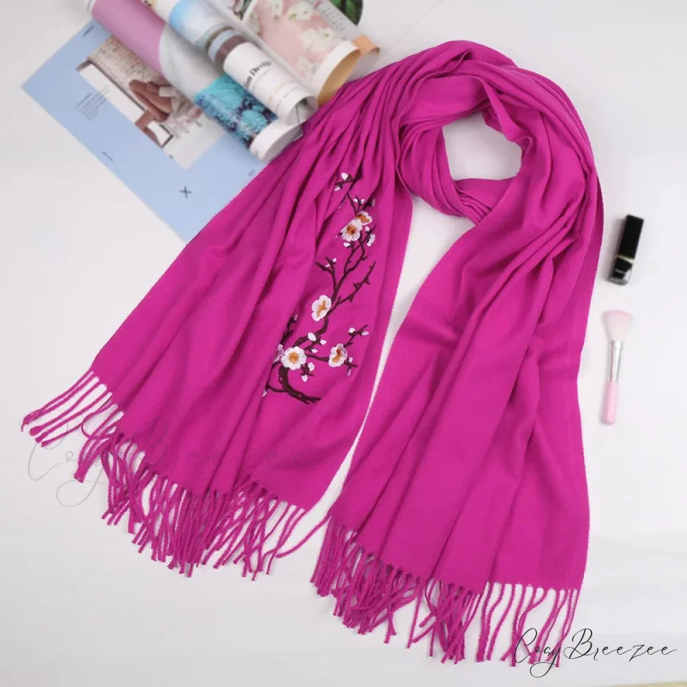 Cashmere Winter Flower Pashmina Shawl with Tassels ROSE RED