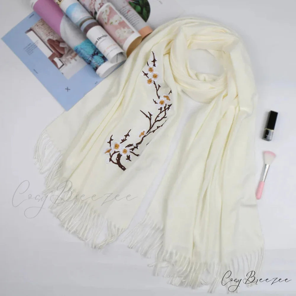 Cashmere Winter Flower Pashmina Shawl with Tassels WHITE