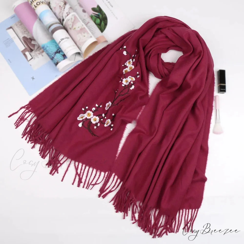 Cashmere Winter Flower Pashmina Shawl with Tassels WINE RED