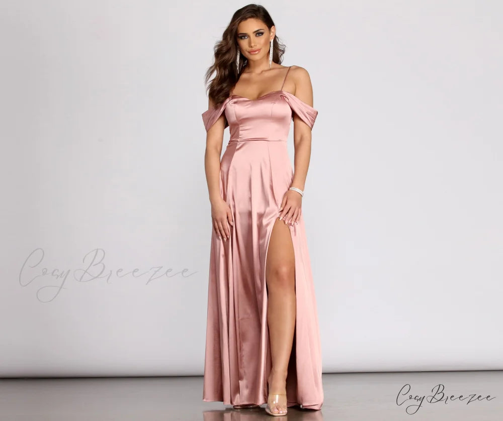 Cassia Lace-Up Back Charming Off Shoulder Satin Dress