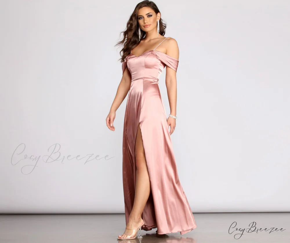 Cassia Lace-Up Back Charming Off Shoulder Satin Dress ROSE / 3