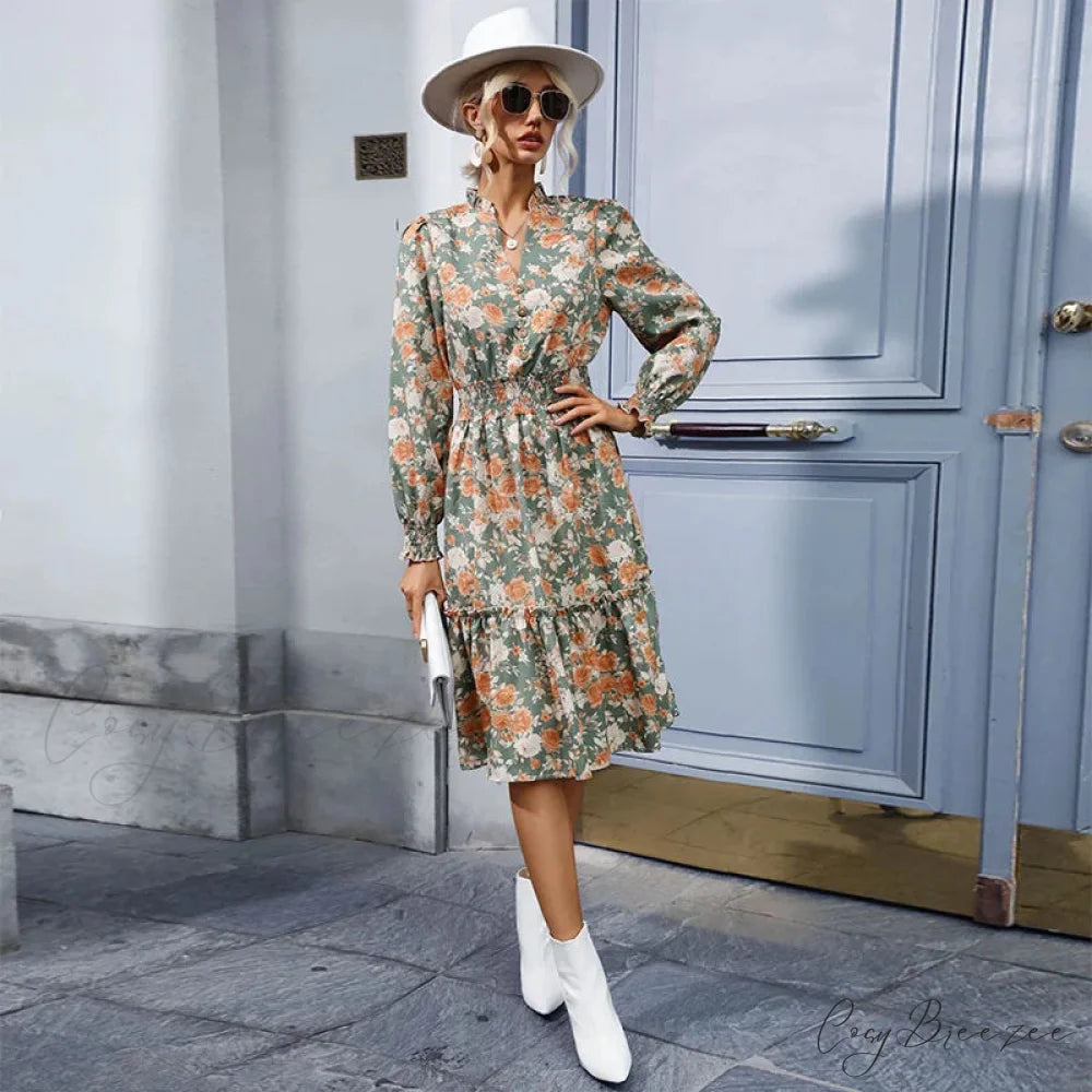 Casual A-line V-neck Floral Dress Blue / S oldfloraldress-250126