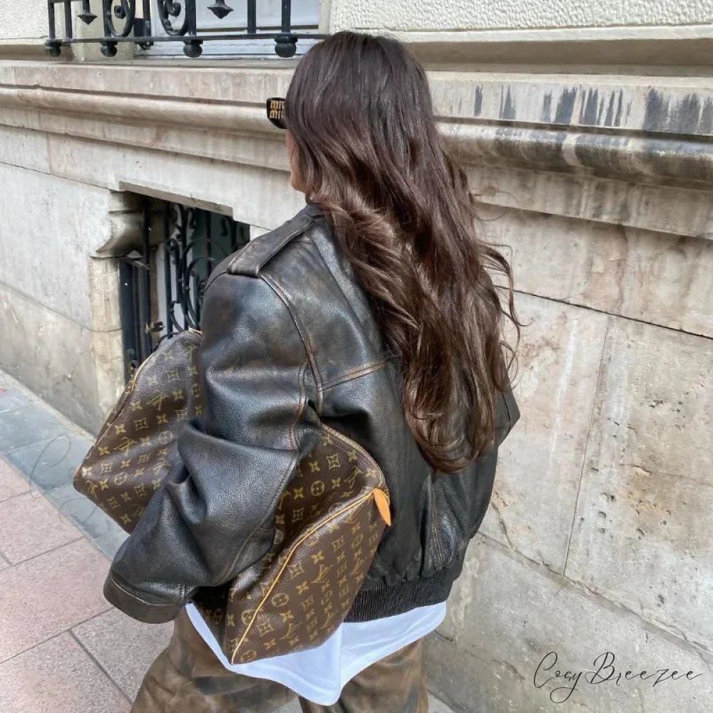 Casual Black Lapel Collar Zipper Elegant Long Sleeves Stylish Autumn Cozy Coat Brown / S