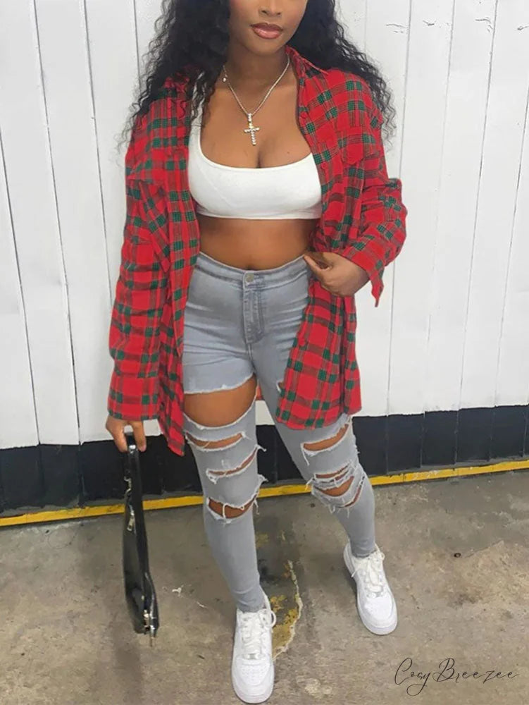 Casual Charming Plaid Pants Red / S