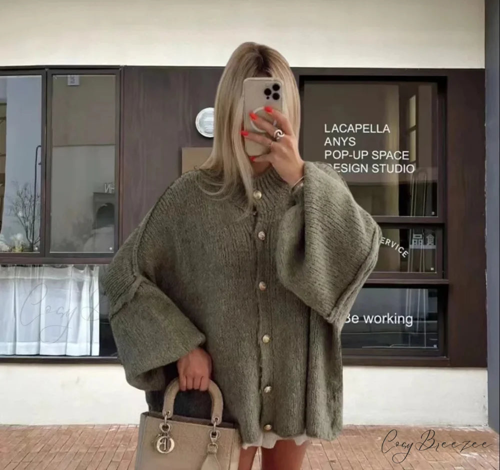 Casual Cozy Loose O-neck Elegant Solid Comfortable Lantern Sleeve Stylish Sweater GREEN / S