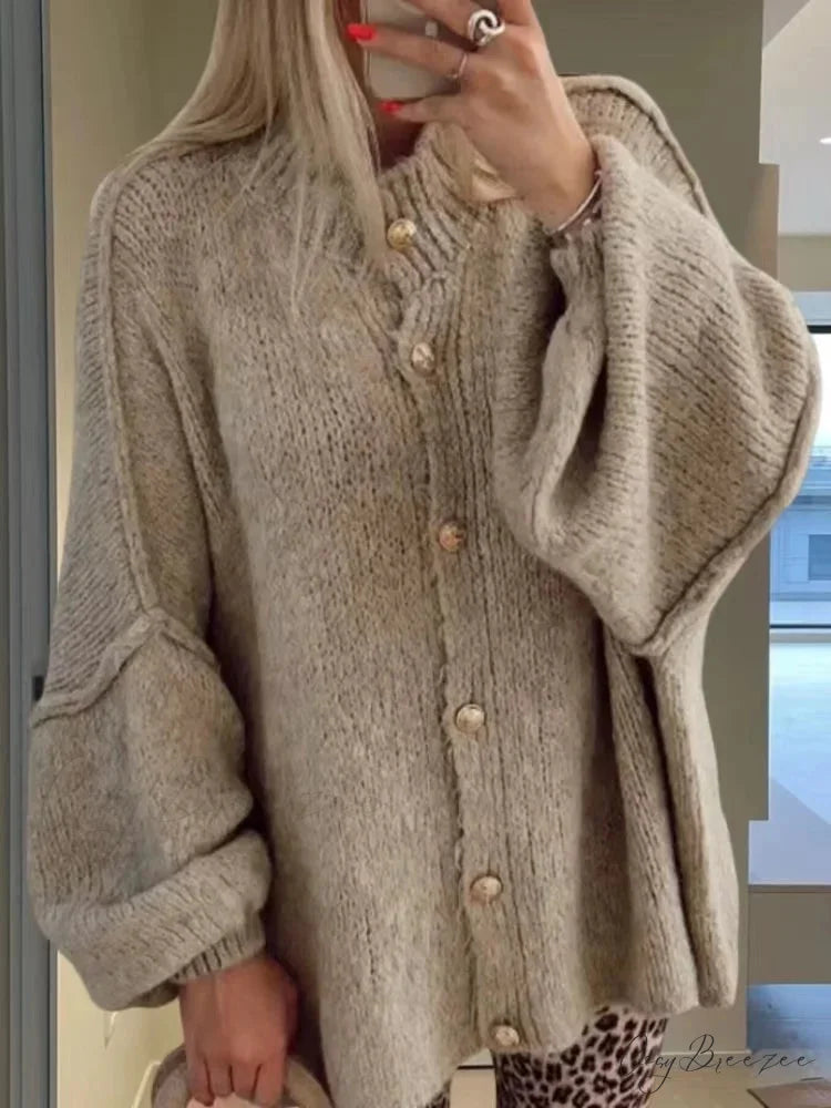 Casual Cozy Loose O-neck Elegant Solid Comfortable Lantern Sleeve Stylish Sweater Khaki / S