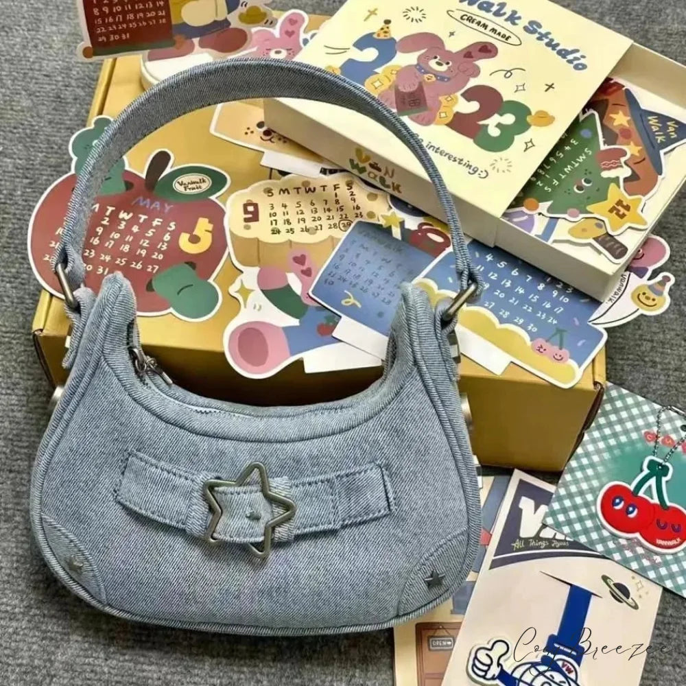 Casual Cute White Star Shoulder Bag Blue shoulder-250126