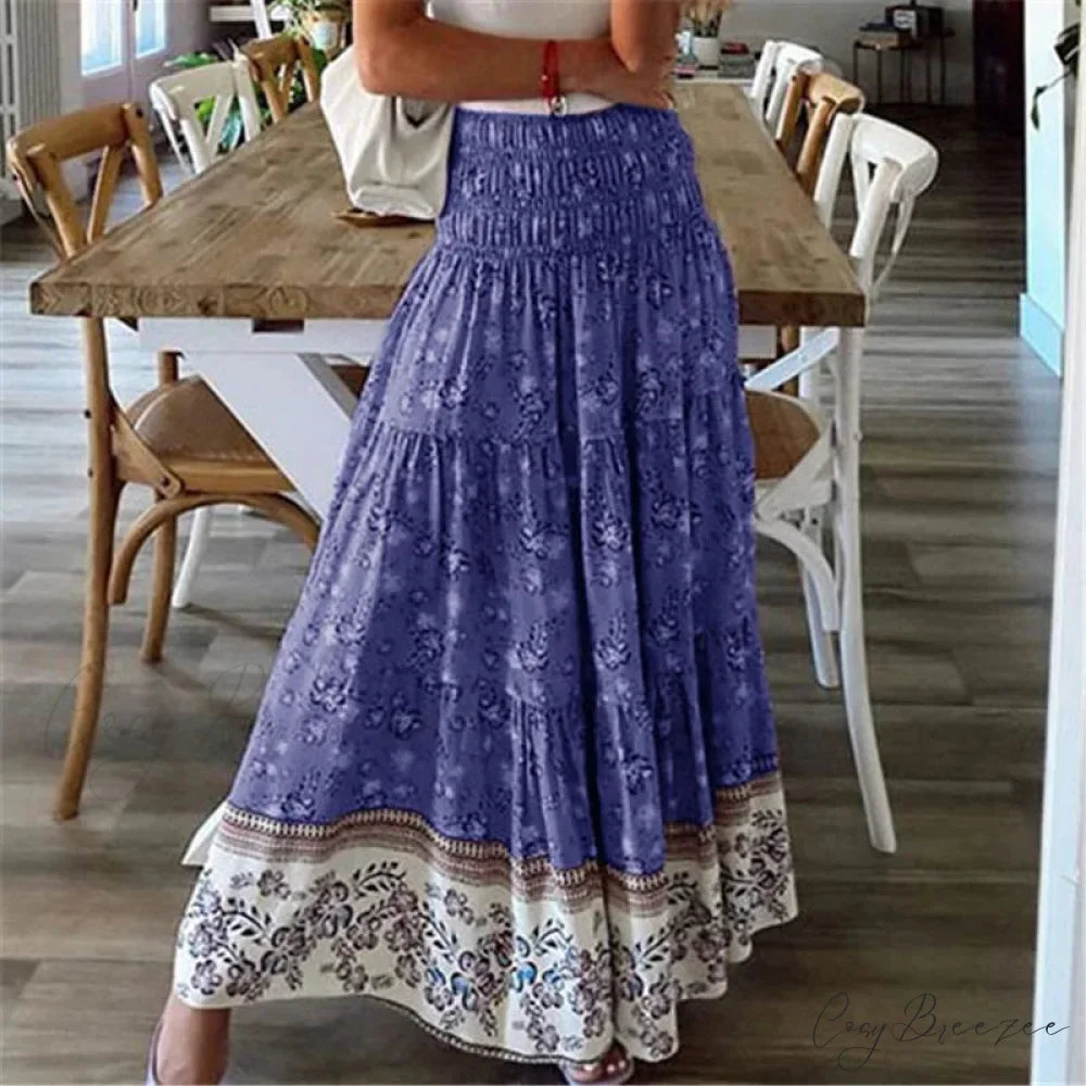 Casual Floral Elastic Waist Boho Style Skirt skirt-250126