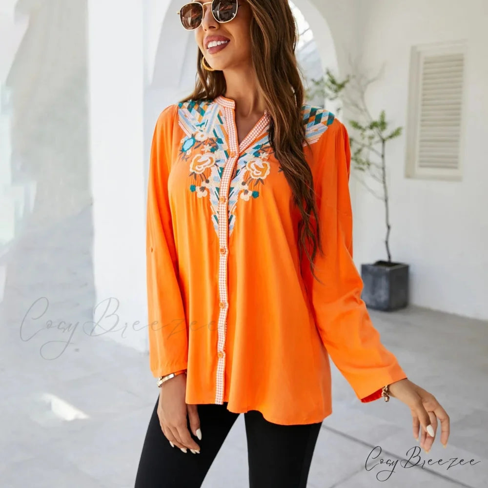 Casual Floral Embroidery Oversize Cotton Long Sleeve Blouse bohoblouse-250126