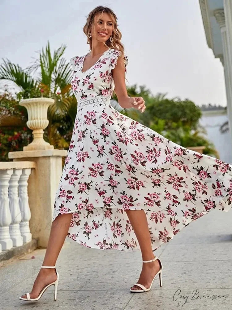 Casual Floral Lace Collar Irregular Waist Dress oldfloraldress-250126