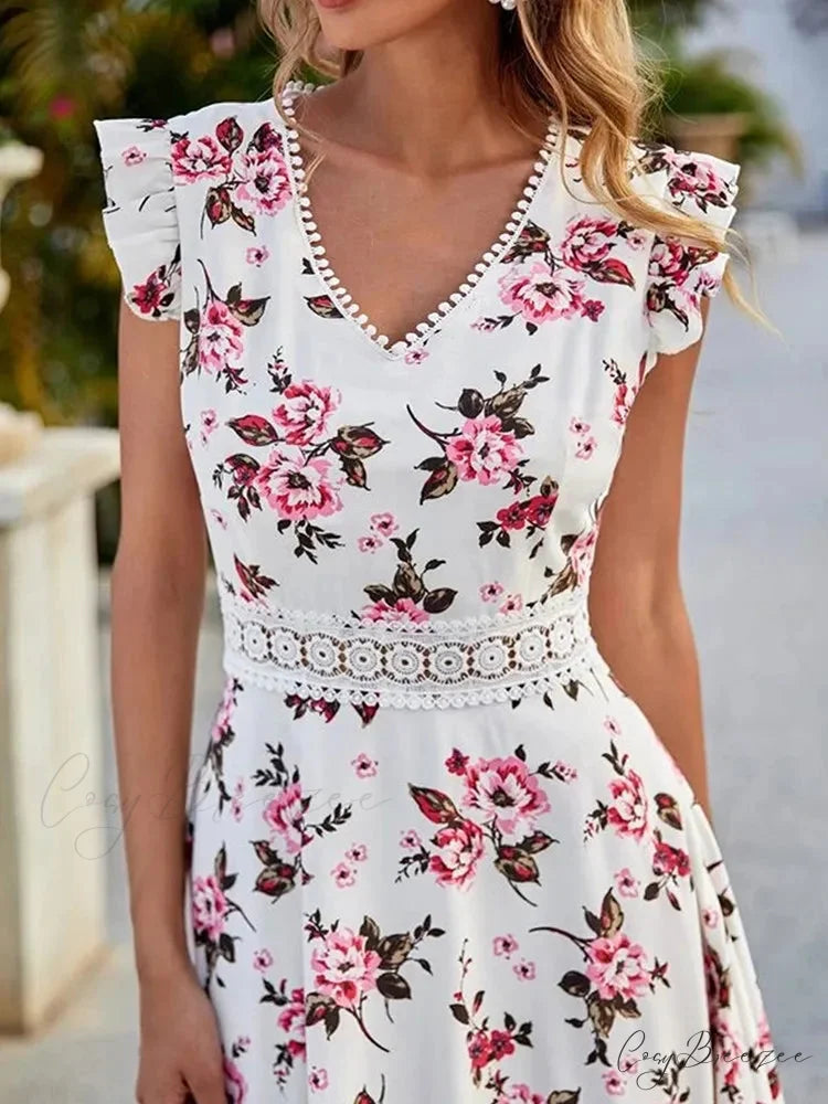 Casual Floral Lace Collar Irregular Waist Dress oldfloraldress-250126