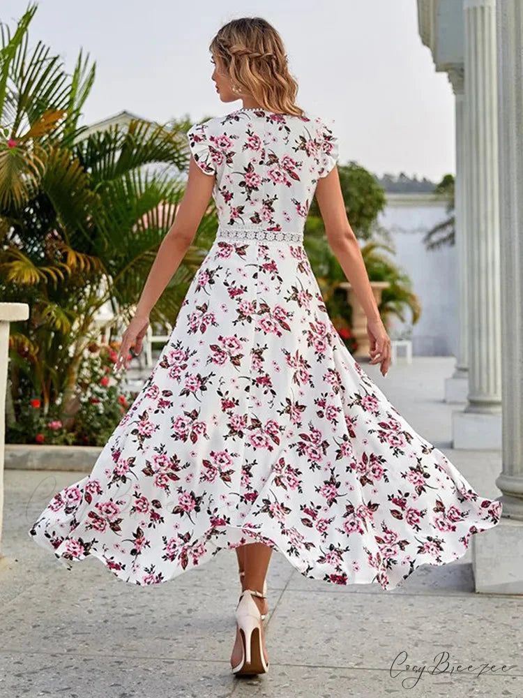 Casual Floral Lace Collar Irregular Waist Dress oldfloraldress-250126