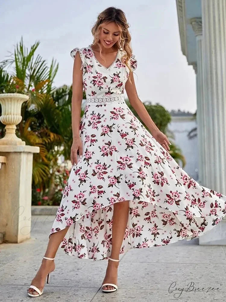 Casual Floral Lace Collar Irregular Waist Dress oldfloraldress-250126