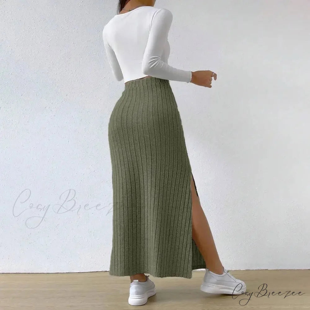 Casual High Waist Sexy Knitted Elegant Solid Long Autumn Winter Fashionable Skirt