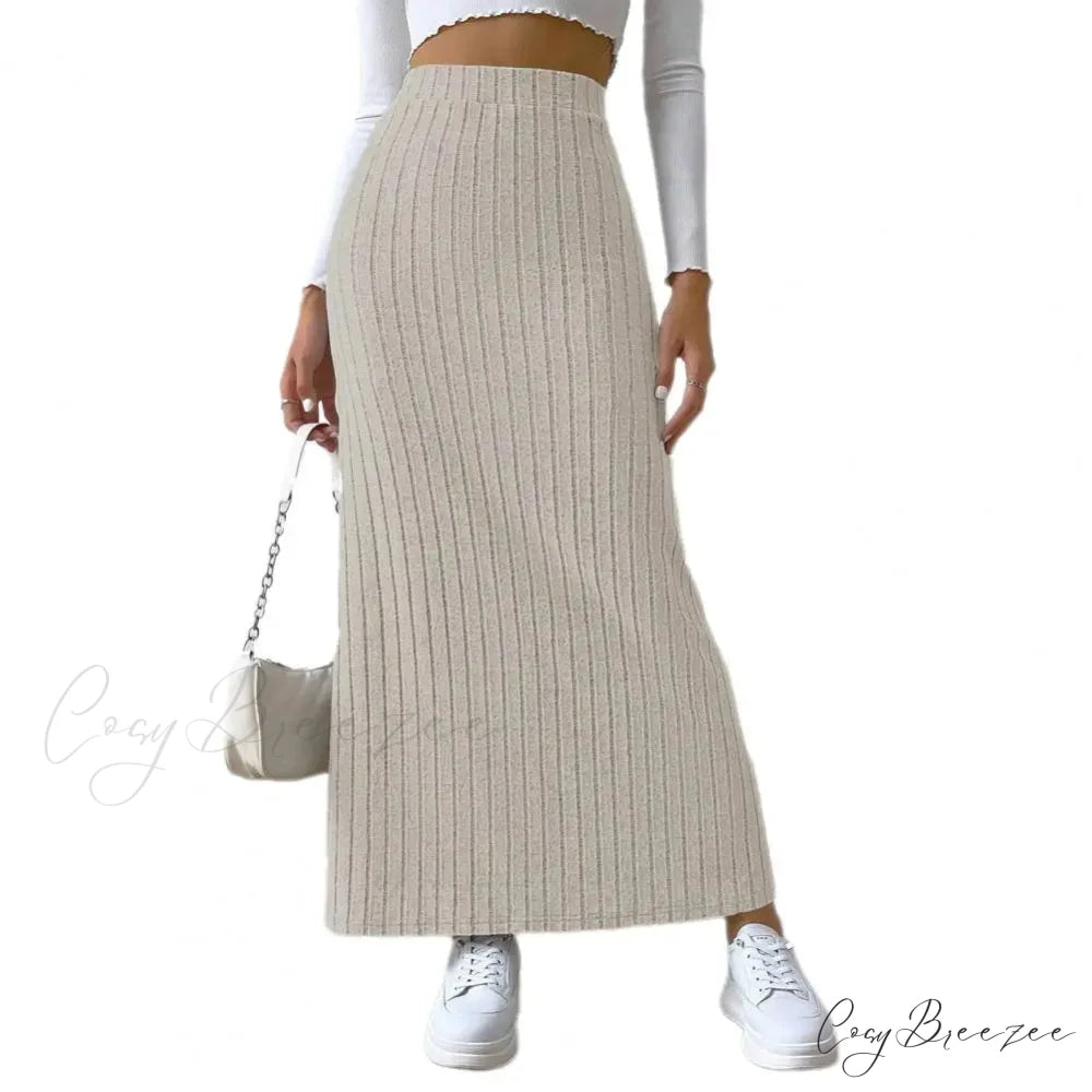 Casual High Waist Sexy Knitted Elegant Solid Long Autumn Winter Fashionable Skirt Apricot / S