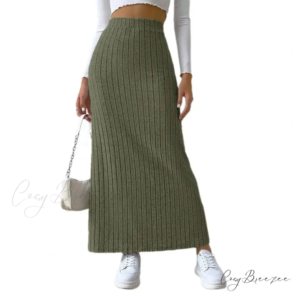 Casual High Waist Sexy Knitted Elegant Solid Long Autumn Winter Fashionable Skirt Army Green / S