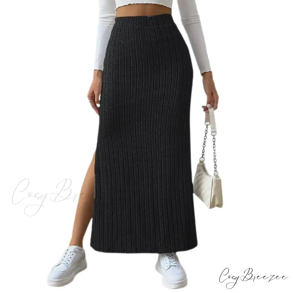 Casual High Waist Sexy Knitted Elegant Solid Long Autumn Winter Fashionable Skirt Black / S