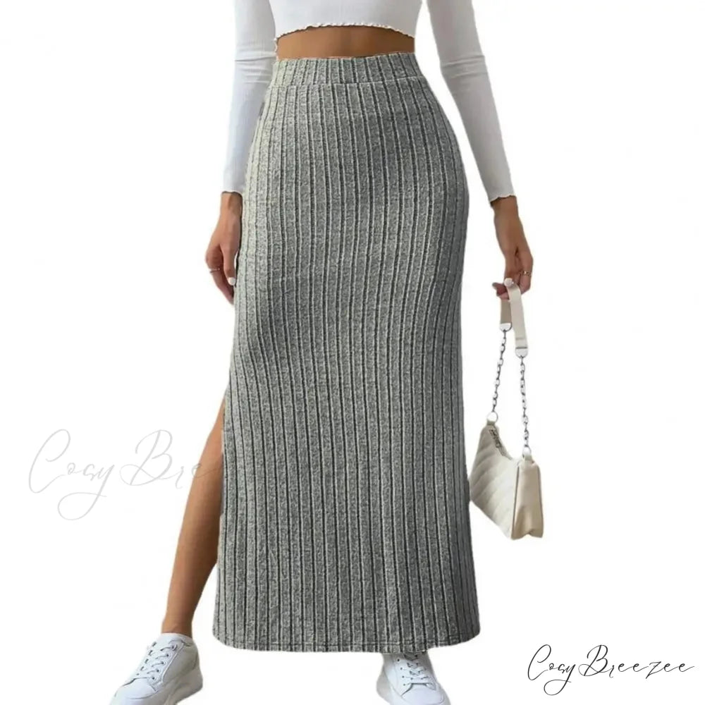 Casual High Waist Sexy Knitted Elegant Solid Long Autumn Winter Fashionable Skirt Light Grey / S