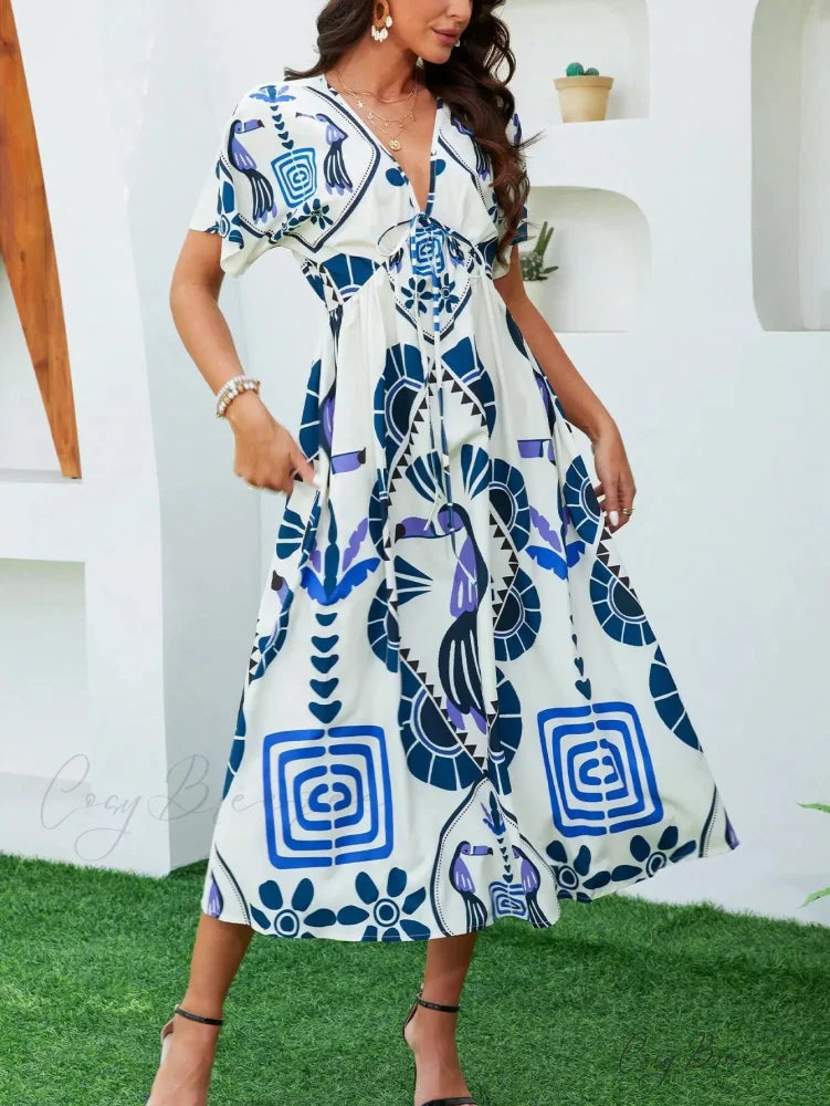 Casual High Waist V-neck Boho Dress oldfloraldress-250126