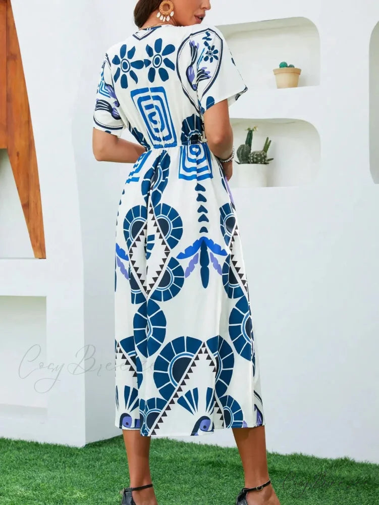 Casual High Waist V-neck Boho Dress oldfloraldress-250126