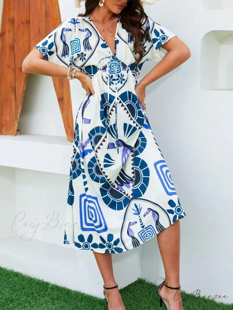 Casual High Waist V-neck Boho Dress oldfloraldress-250126