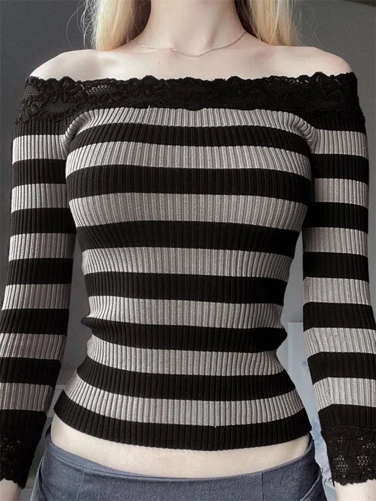 Casual Long Sleeve Retro Striped Off-Shoulder T-Shirts BLACK / S