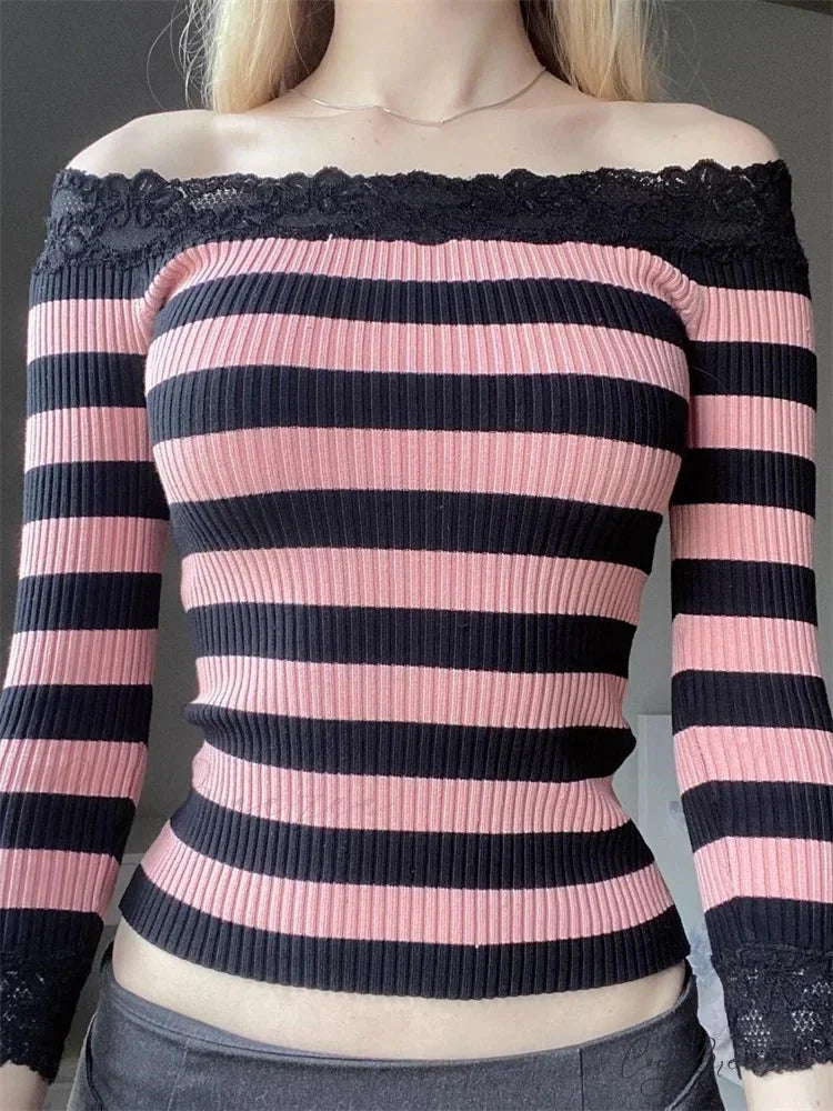 Casual Long Sleeve Retro Striped Off-Shoulder T-Shirts PINK / S
