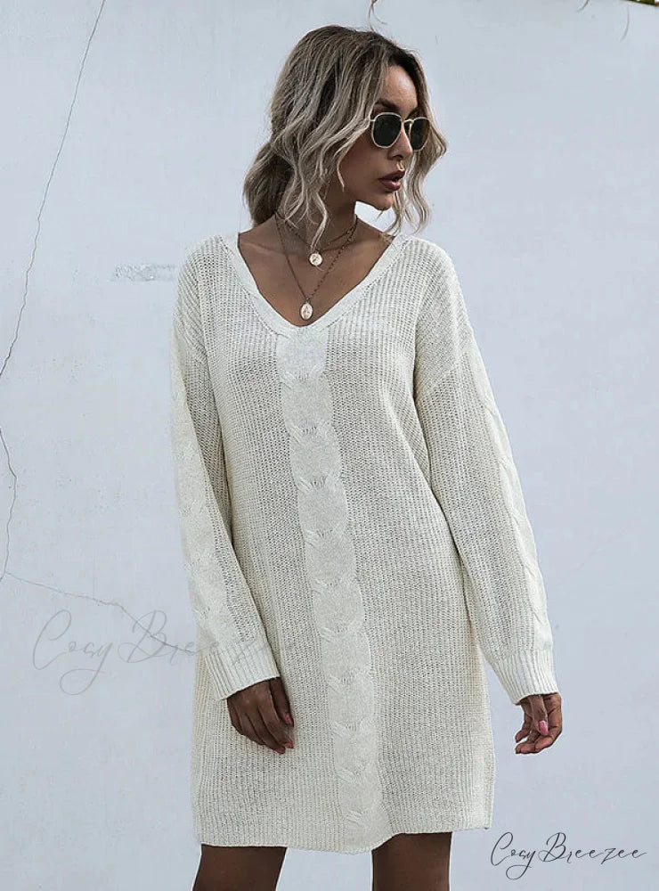 Casual Long V-Neck Pullover Sweater Dress