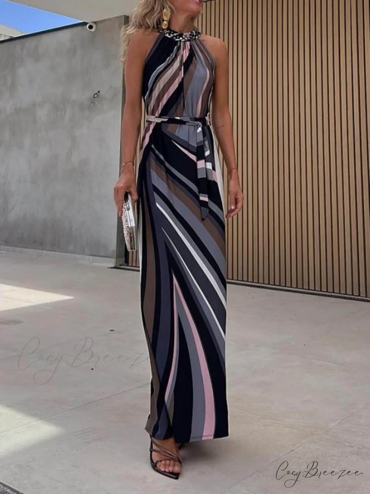 Casual Loose Halterneck Striped Graceful Gradient Print Maxi Dress