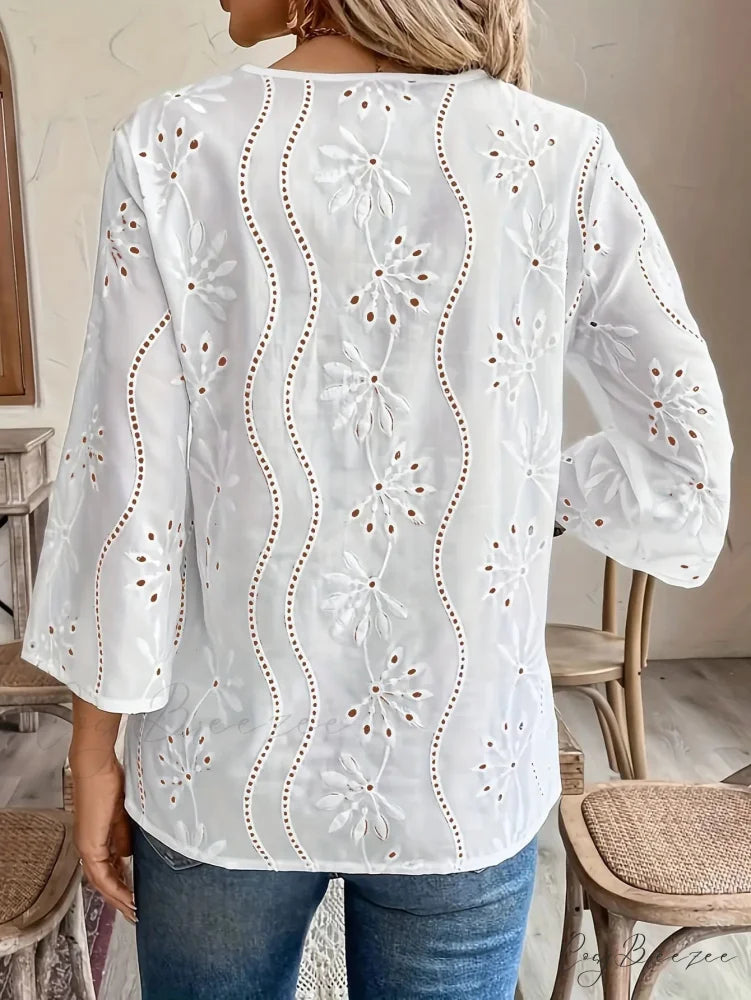 Casual Loose V-neck Lace Splicing White Crop Top blouse-250126