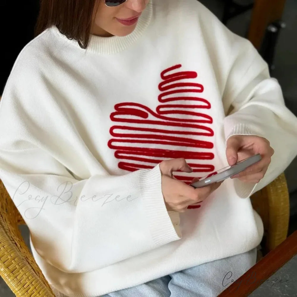 Casual Love Print O-neck Long Sleeve Sweater swraters-241228
