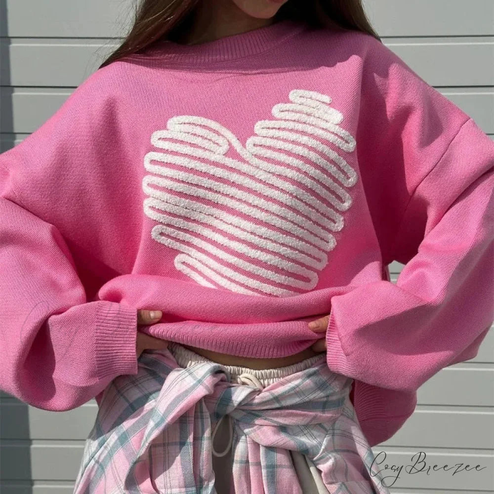 Casual Love Print O-neck Long Sleeve Sweater swraters-241228