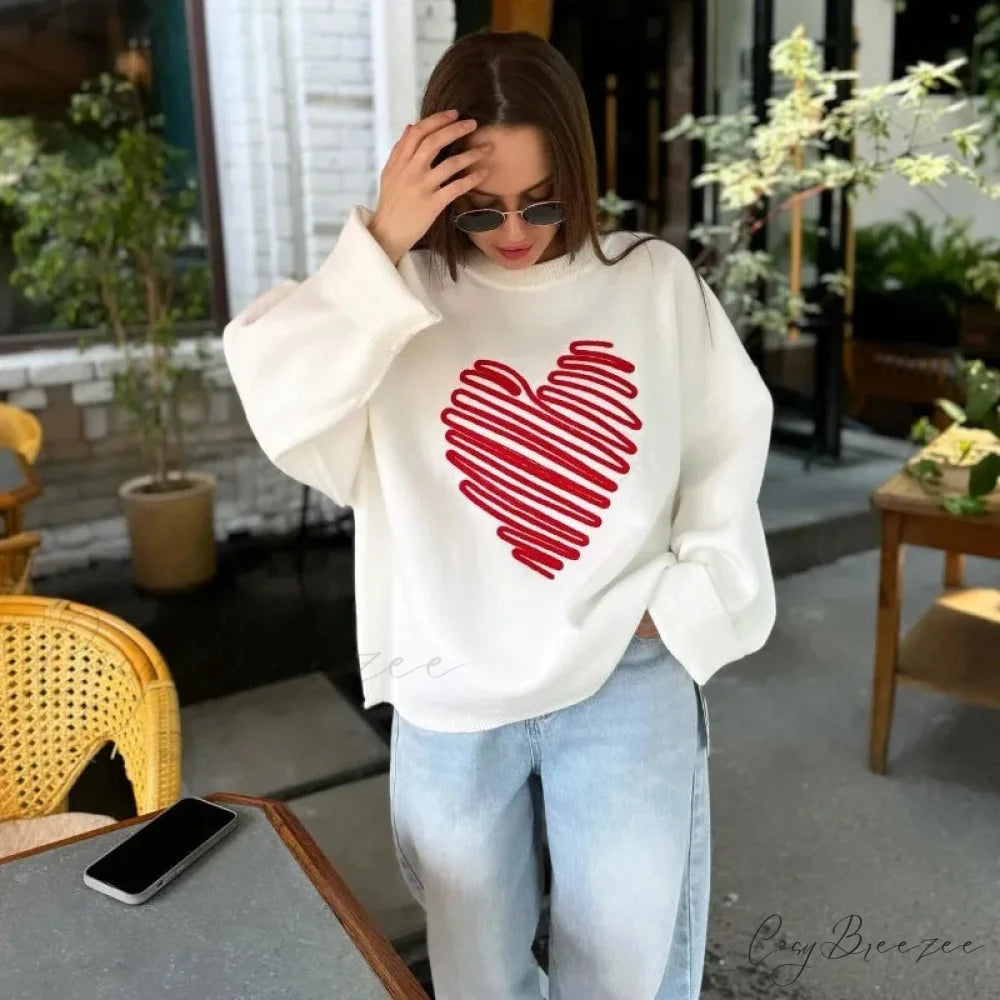Casual Love Print O-neck Long Sleeve Sweater swraters-241228