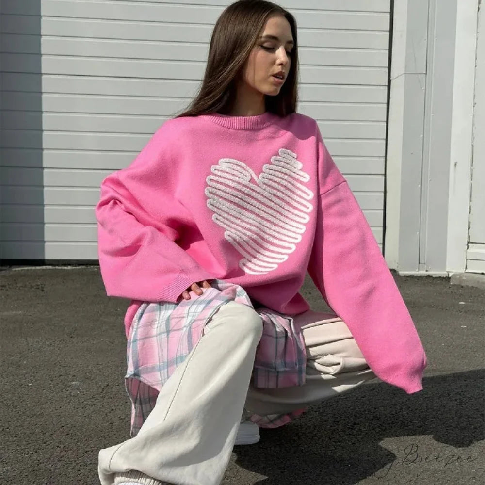 Casual Love Print O-neck Long Sleeve Sweater swraters-241228