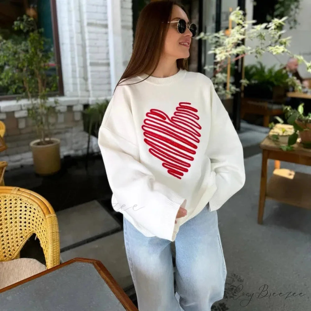 Casual Love Print O-neck Long Sleeve Sweater WHITE / S swraters-241228