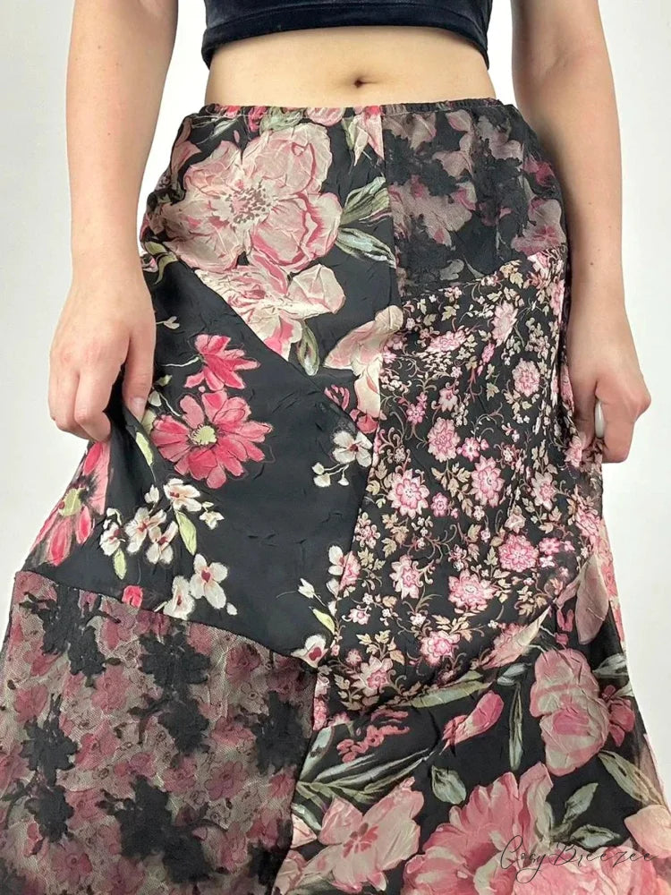 Casual Patchwork Floral Straight Slim Mid-Waisted Maxi Skirt Streetwear skirt-250126