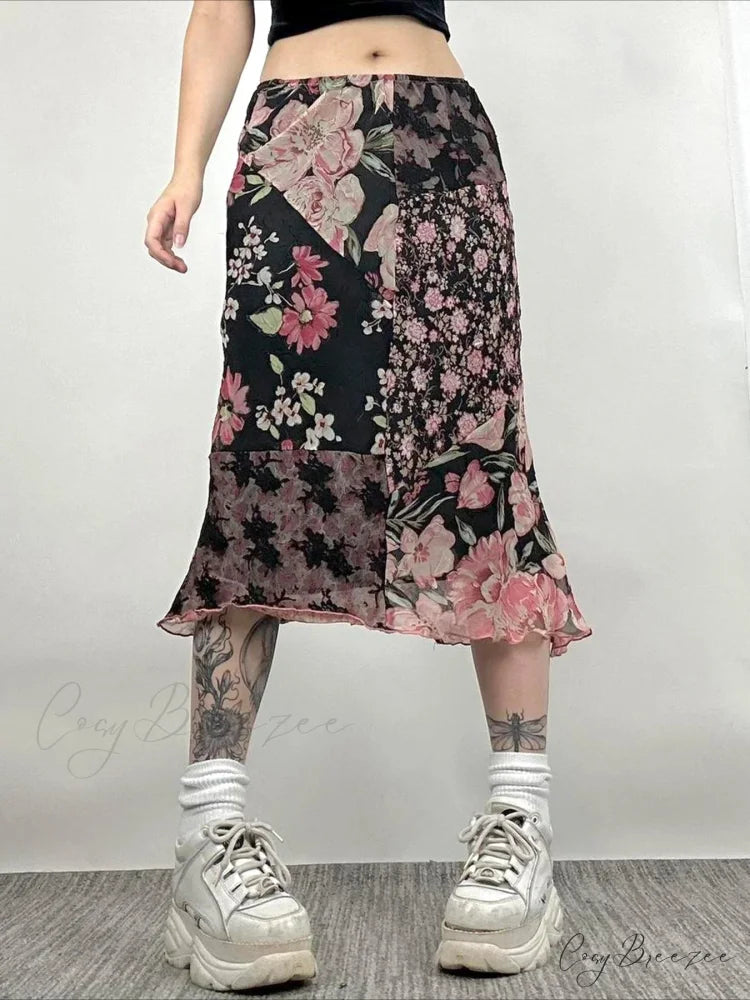 Casual Patchwork Floral Straight Slim Mid-Waisted Maxi Skirt Streetwear Black / S skirt-250126