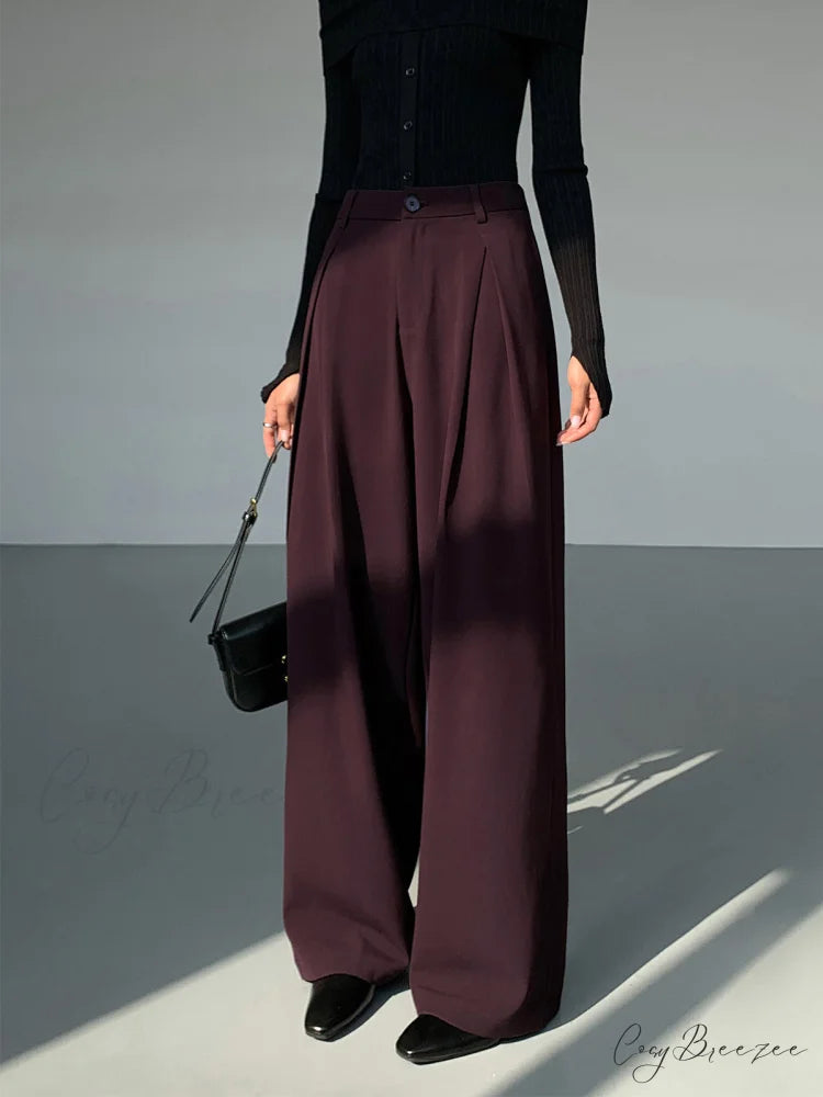 Casual Pleated Graceful Wide Leg Pants Burgundy / XS