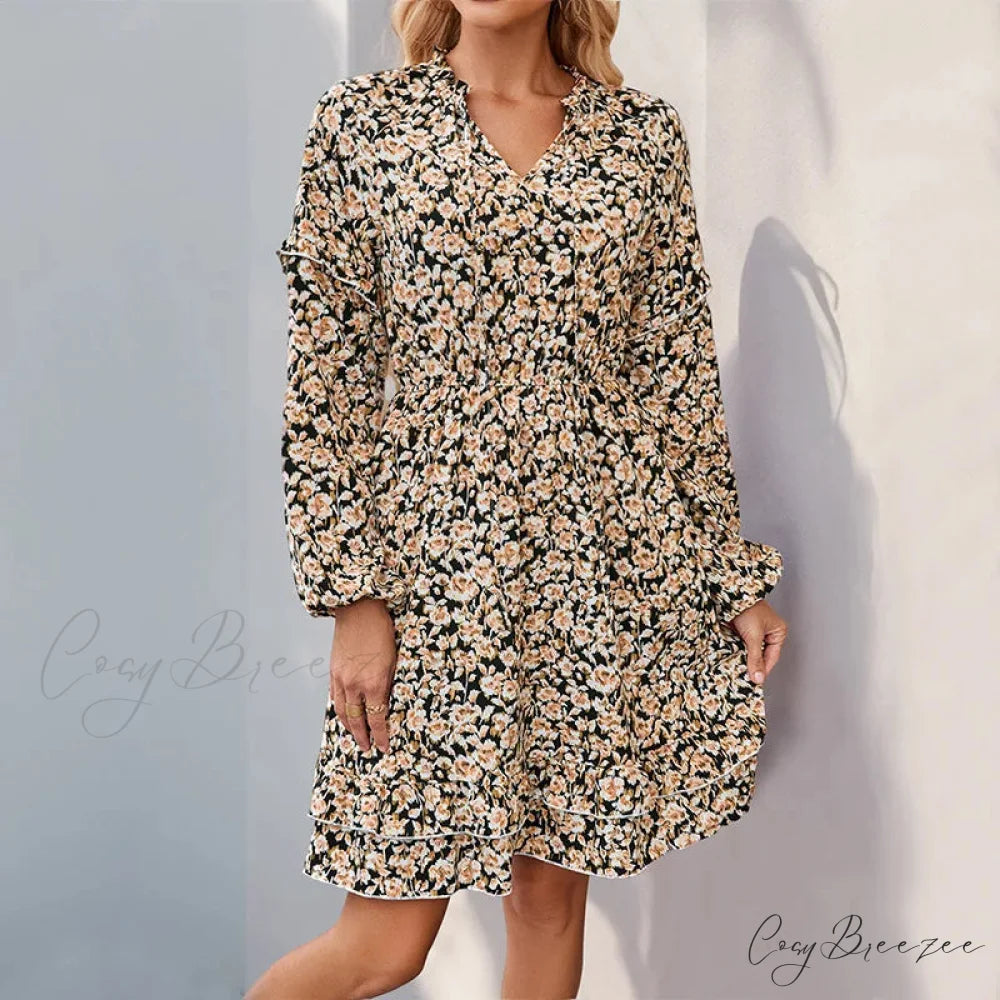 Casual Printed Long Sleeve Floral Dress Black / S oldfloraldress-250126