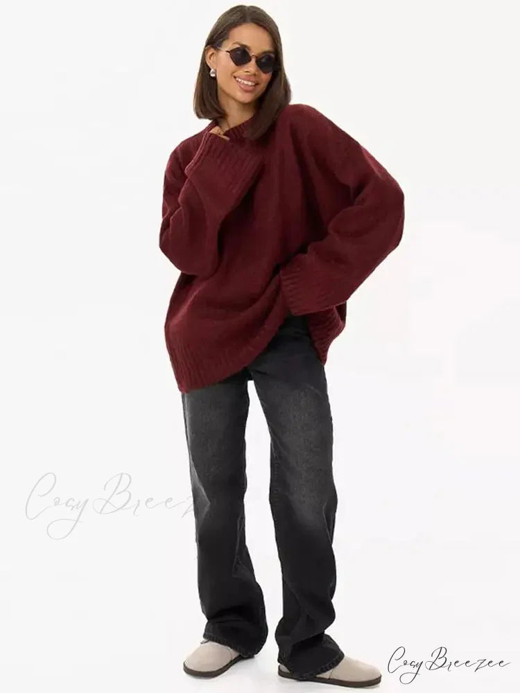 Casual Retro Long Sleeve Sweater Wine red / S swraters-241228