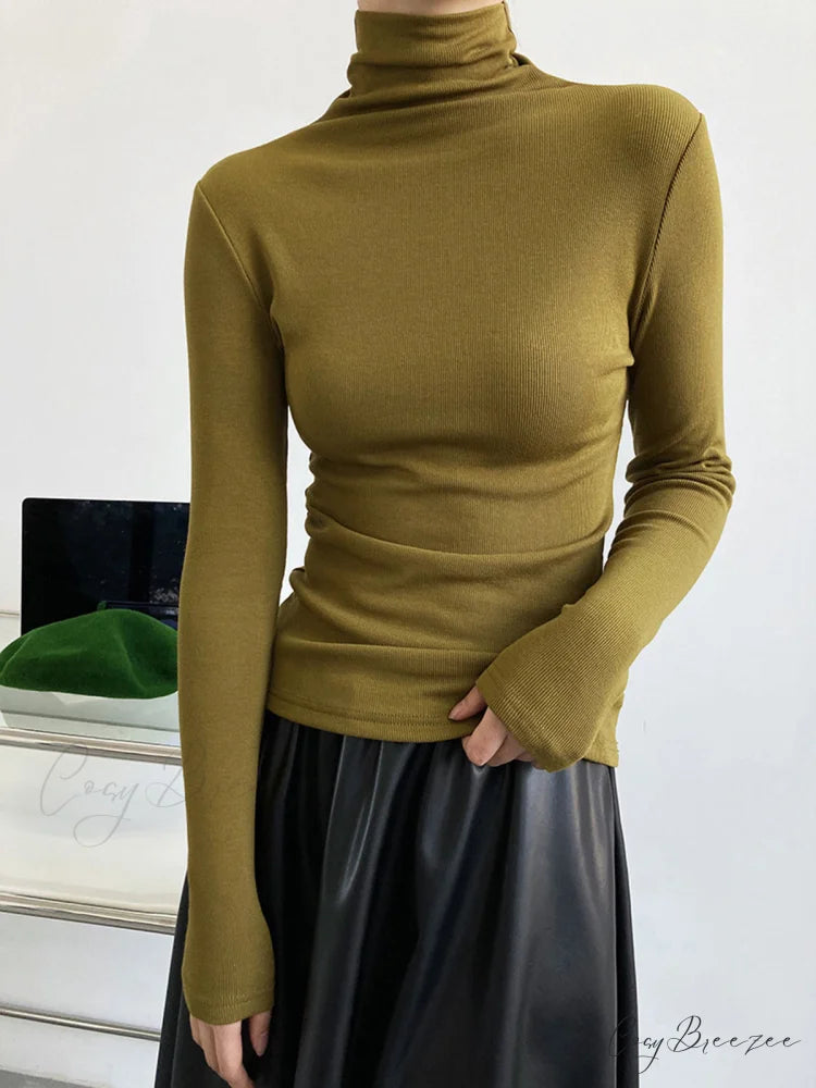 Casual Ribbed Graceful Turtleneck Shirt Olive / XS