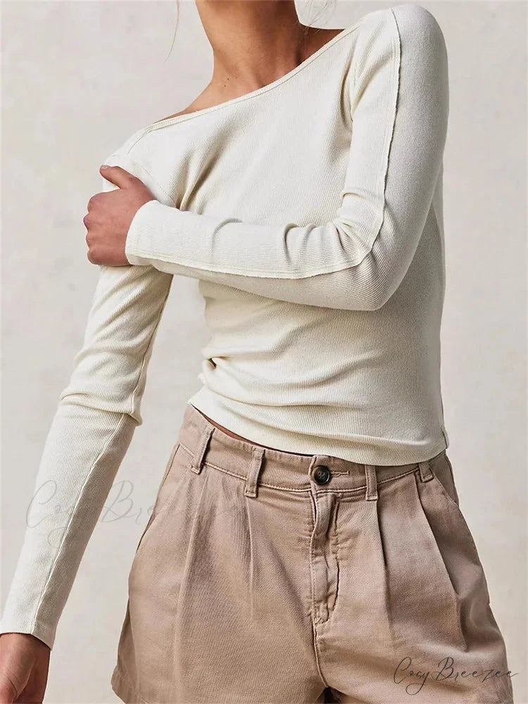 Casual Ribbed Long Sleeve Solid Slim Fit Backless T-Shirts WHITE / S