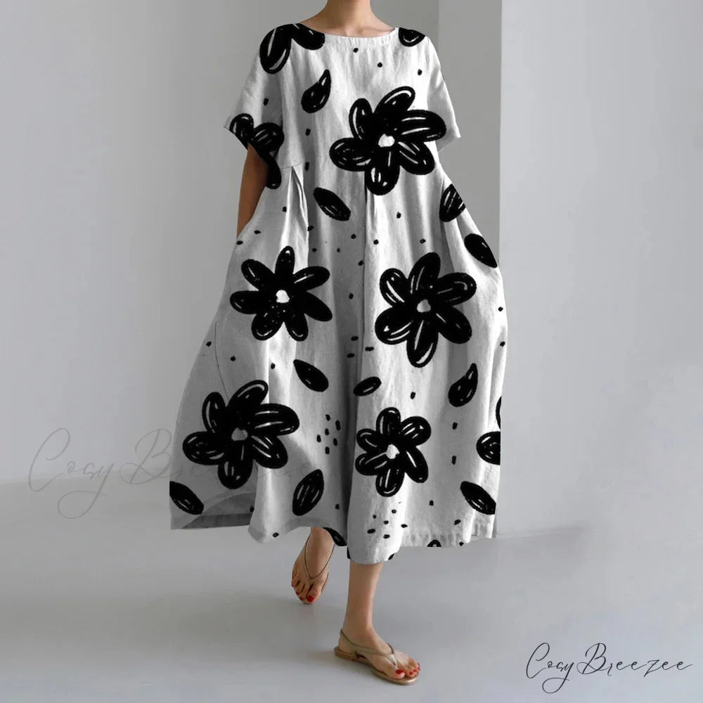 Casual Round Neck Floral Print Loose Long Summer Dress black1 / S oldfloraldress-250126
