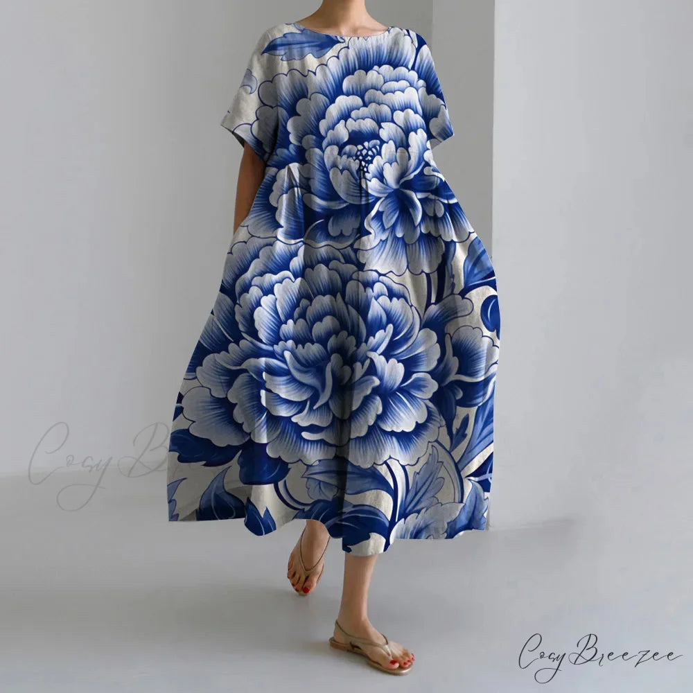 Casual Round Neck Floral Print Loose Long Summer Dress blue1 / S oldfloraldress-250126
