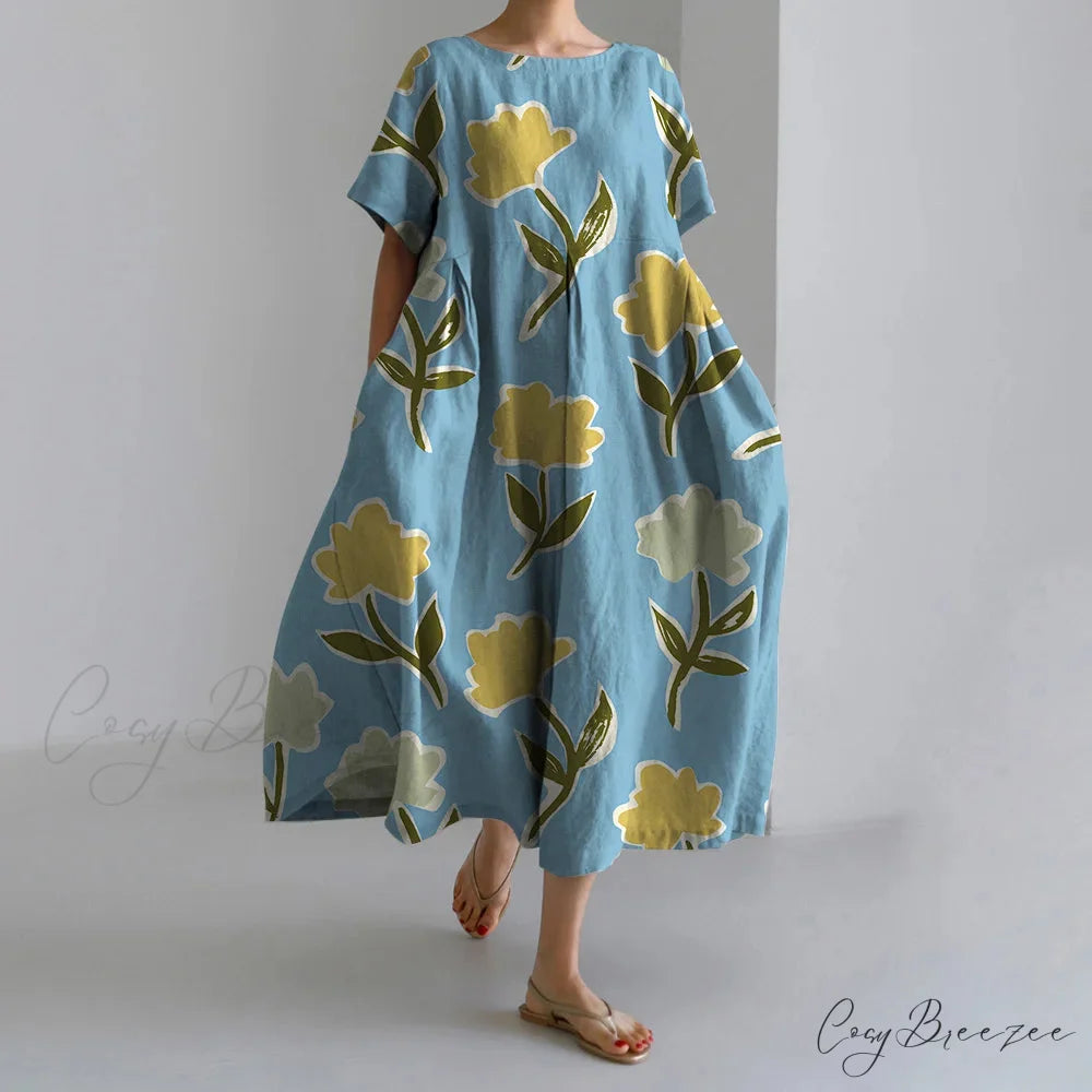 Casual Round Neck Floral Print Loose Long Summer Dress blue2 / S oldfloraldress-250126