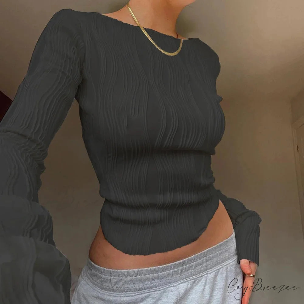 Casual Ruched Long S sleeve T-shirt Sweater Black / S swraters-241228