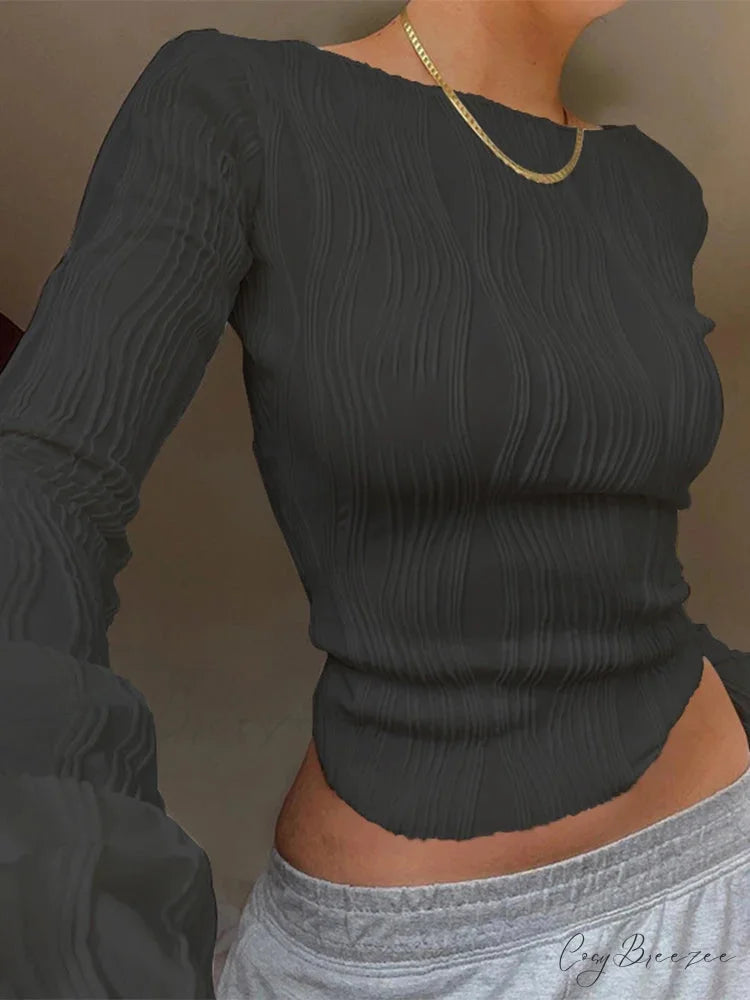 Casual Ruched Long S sleeve T-shirt Sweater swraters-241228