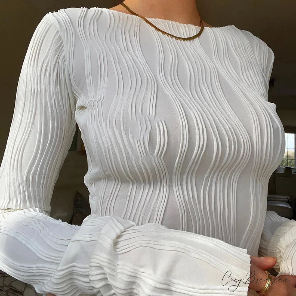 Casual Ruched Long S sleeve T-shirt Sweater WHITE / S swraters-241228